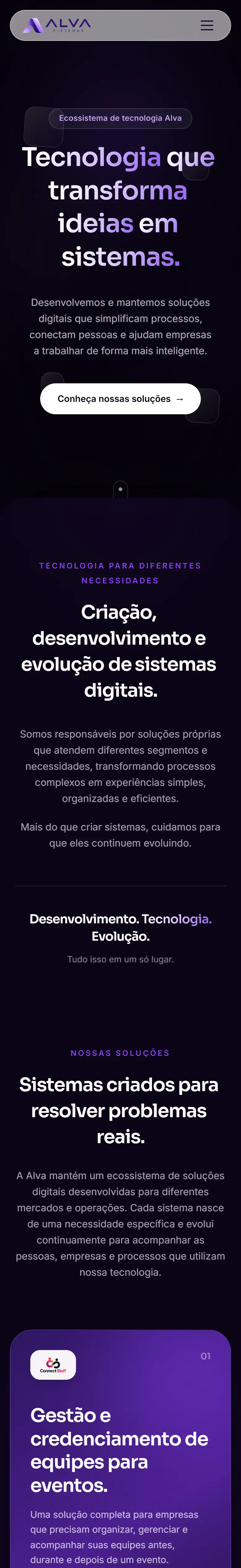 Site Alva Sistemas desenvolvido por Pedro Trindade — versão mobile